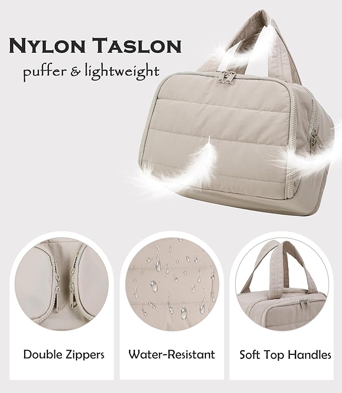 BUZFOWU Travel Toiletry Bag for Women, Large Wide-open Puffy Cosmetic Makeup Bag with Wet-Dry Separation, Multi-Pocket Organizer with Carry Handle for Toiletries, Cosmetics, Essentials, Camel