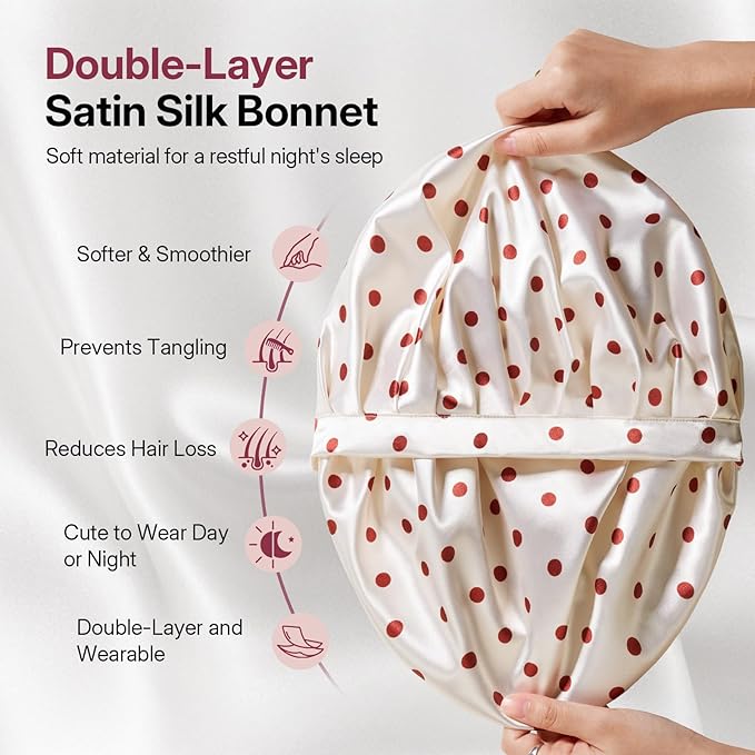 LitBear Silk Bonnet for Sleeping Women, Adjustable Double Layer Satin Silk Hair Bonnet with Scrunchies for Curly Natural Hair