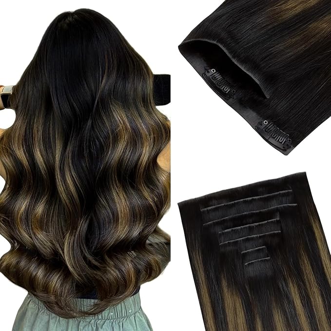 GOO GOO Invisi Edge Clip in Hair Extensions 16inch 120g 7Pcs Injected Seamless PU Clip in Hair Extensions, Virgin Real Human Hair, 1B/6/1B Balayage Natural Black to Chestnut Brown