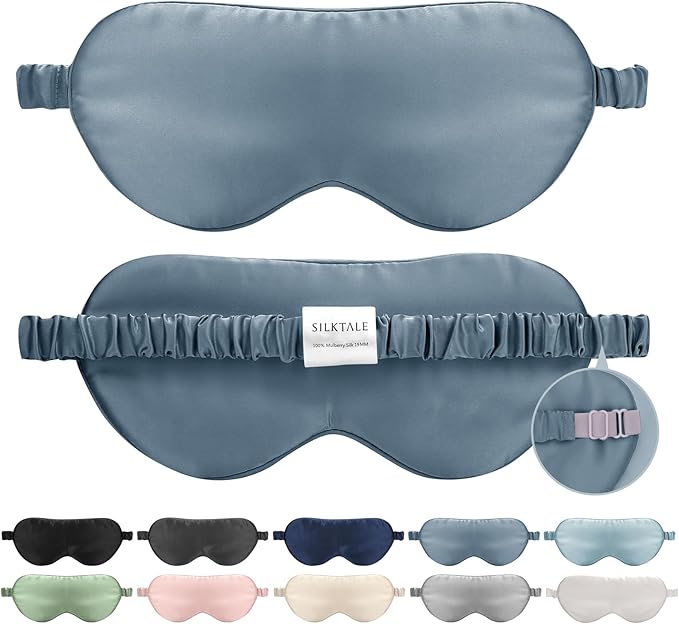 SILKTALE Mulberry Silk Blackout Adjustable Sleep Eye Mask for Men/Women Travel Plane,Ash Blue