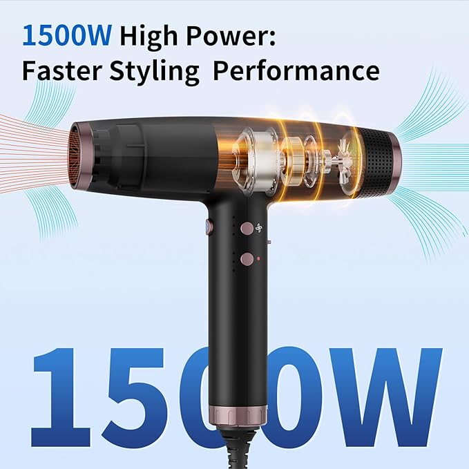 Professional Ionic Hair Dryer with 2 Attachments (Diffuser & Concentrator), High-Speed Blow Dryer for Women Men, Lightweight Quiet Hairdryer for Travel & Home, for All Hair Types