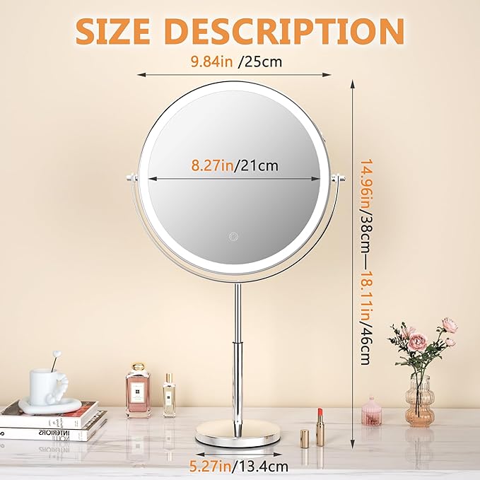 Hasipu 10” LED Makeup Mirror with 7X Magnification - Rechargeable Vanity Mirror, 3 Color Modes, Touch Control, 360° Rotation & Adjustable Height