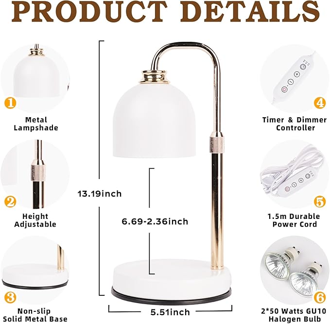 Candle Warmer Lamp with Timer Dimmable, Birthday Valentines Day Gifts for Women Mom, Modern Candle Warmer, White Candle Lamp for Jar Scented Candles, Home Decor, Wax Melt Warmer with 2 Bulbs