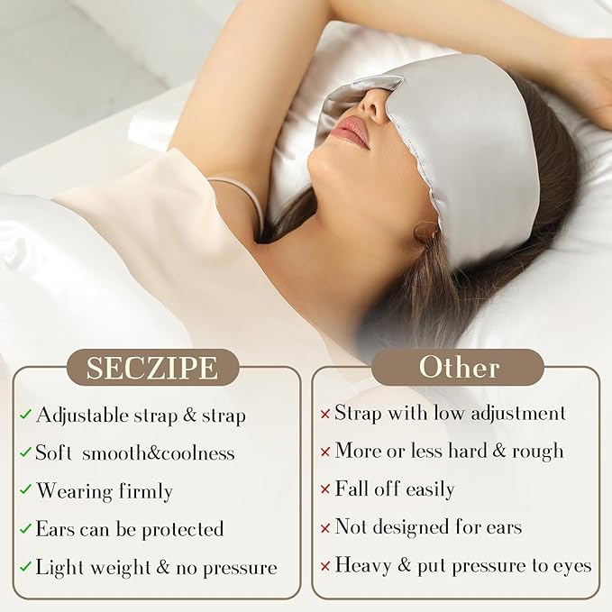 SECZIPE 100% Mulberry Silk Sleep Mask Eye Mask for Women Man with Adjustable Band, for Side Sleeper Blackout Sleep Mask for Travel Rest and Office (Gray)