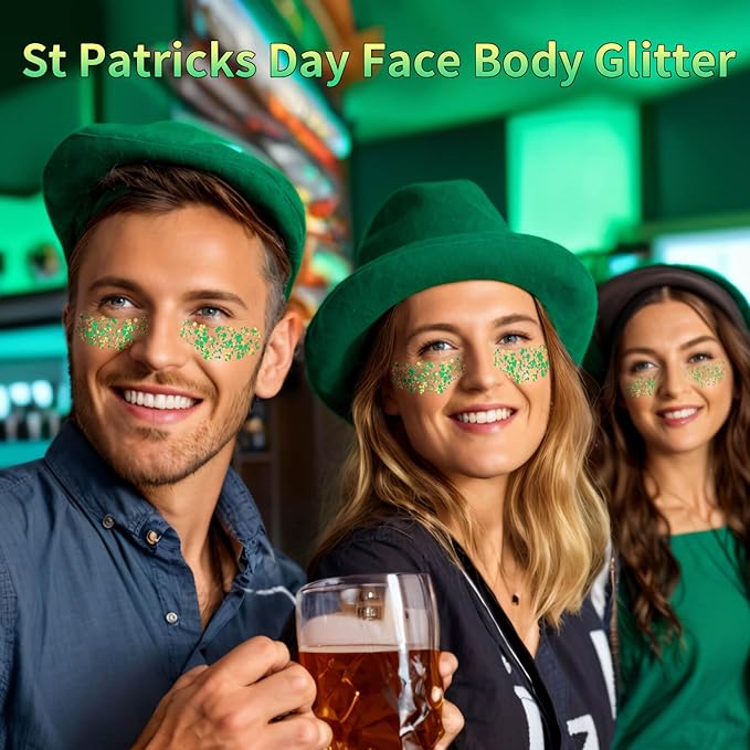 Green Face Glitter Gel,Mardi Gras Outfit for Women,Gold Hair Glitter Green St Patrick's Day Accessories, Self-Adhesive Carnival Face Paint Body Glitter Sparkling Festival Chunky Makeup