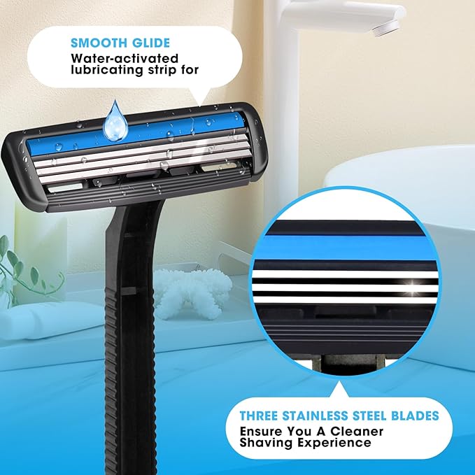 CXYARY 45 Pcs 3 Blade Disposable Razors With Clear Safety Cap, Shaving Razors Bulk for Men &Women, Stainless Steel Blade, Multipurpose Portable Shave Razor for Bathing Hotel Travel, Black