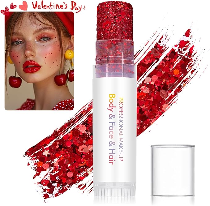 Valentine's Day Body Glitter Stick for Face, Body & Hair - Red & Pink Chunky Sparkle Glitter, Heart Design Face Gem 2 Pack | Long Lasting Party Makeup for Festival, Rave, Concert & Cosplay