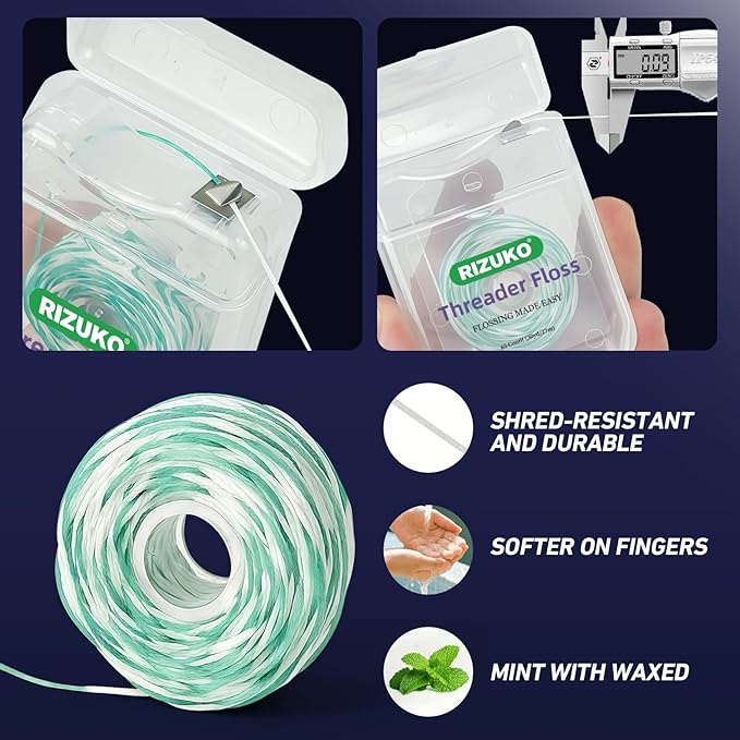 Threader Floss,2-in-1 Dental Floss for Braces, Bridges & Implants,Easy Threading Design,260 Count PTFE & PFAS Free Sponge Floss for Deep Cleaning (65 Count(Pack of 4), Light Mint)
