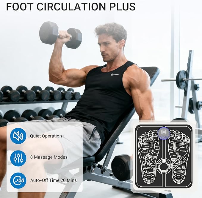 Professional EMS Foot Massager with 4 Electrode Pads - Full Body Muscle Stimulator for Neuropathy & Recovery, 8 Modes 19 Levels, Foot Mat System for Pain Relief