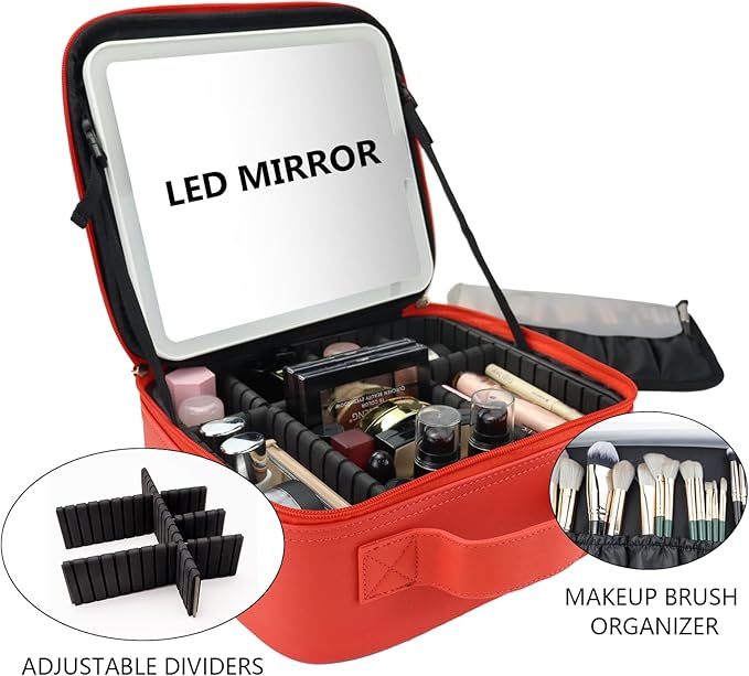 SLUMAZI Travel Makeup Bag with LED Mirror Travel Makeup Organizer with 3 Lighted Settings, Adjustable Dividers and Makeup Brush Storage Bag Red