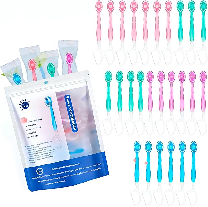 Disposable Travel Toothbrushes with Toothpaste, Individually Wrapped Mini Single Use Toothbrushes, No Water Needed Toothbrushes with Tongue Scraper for Travel, Hotel, Camping (26Packs)