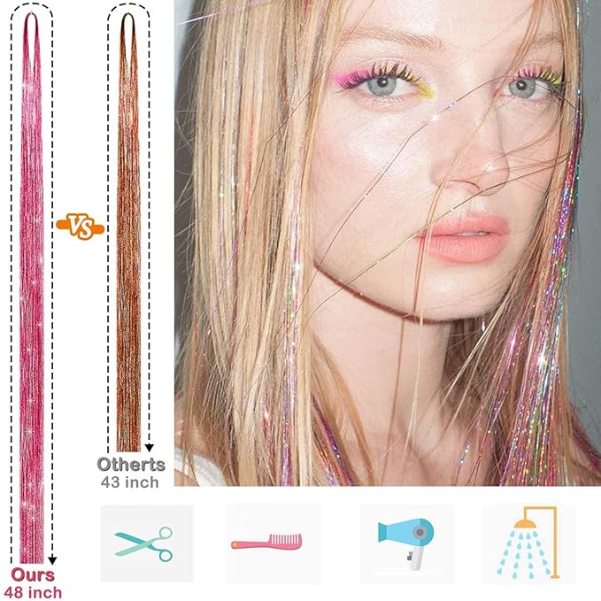 Hair Tinsel Kit, 18 Colors 48 Inches, Fairy Hair Tinsel Hair Extensions Heat Resistant with Tools, Hair Accessories for Women Girls 7200 Strands (Hair Tinsel Kit, 18 Colors)