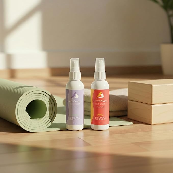 SwaytAway Fitness Mat Mist 2-Pack – 4oz Travel Size Yoga Mat Spray with Towel (Lavender, Citrus) – Aromatherapy-Inspired Blends – Plant-Based, No Rinse, Refreshes & Deodorizes