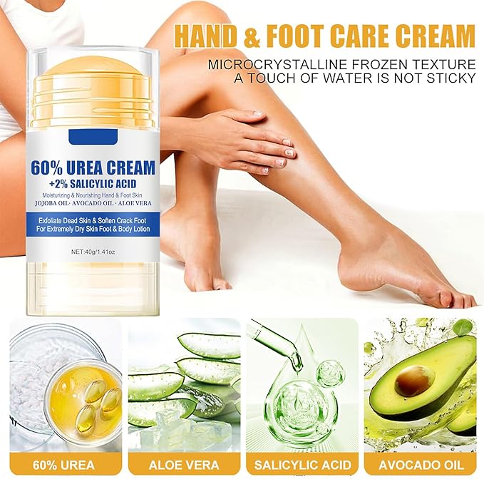 2pcs Urea Cream Stick 60% plus Salicylic Acid 2%, Maximum Strength Urea Foot Cream for Dry Cracked Heels, Feet Callus Remover, Hands Knees Exfoliating Dead Skin, Softening Skin Moisturizer Lotion