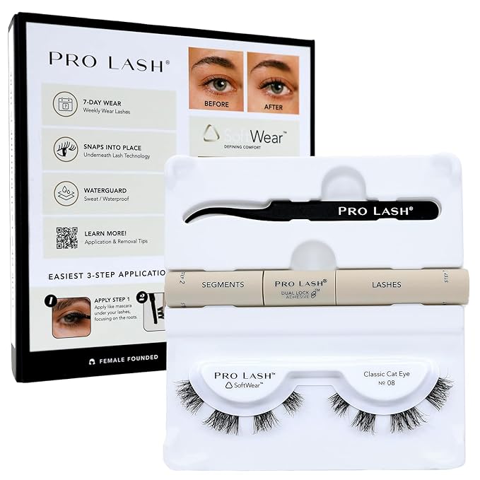 Pro Lash SoftWear Mini Lash Clusters Kit - Seamless, Lightweight Lashes - 7-Day Cluster Eyelash Extensions - False Eyelashes Plus Adhesive and Tweezers - Classic Cat Eye No. 08 Black