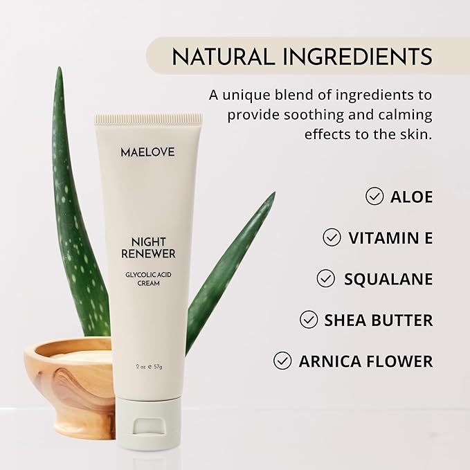 MAELOVE Night Renewer Night Cream with 2-in-1 Glycolic Acid Treatment, Unscented, For Sensitive Skin