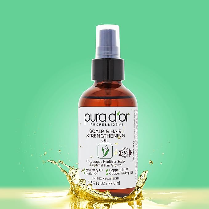 PURA D'OR 3.3 Oz Scalp & Hair Strengthening Oil - Supports Optimal Growth, Reduce Breakage, Nourish Roots for Healthier, Fuller, Thicker Hair - Rosemary, Castor & Peppermint Oil for Stronger Strands | Reduce Breakage, Nourish Roots, Healthier, Fuller, ...