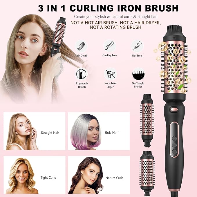 3 in 1 Thermal Brush Set, Heated Round Brush Detachable Head for Blowout Look, Curling Iron Dual Voltage 110-220V for Travel, Ionic Outlet Volumizing Round Comb Lightweight