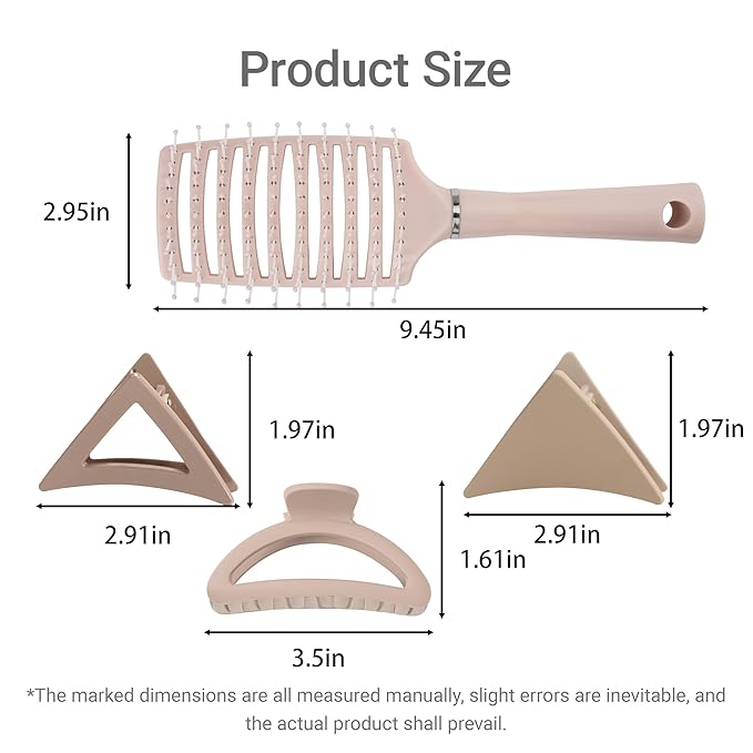 Neutral Tones Hair Accessories Set - 9 Medium Hair Clips (Arched & Triangle), 1 Hair Brush | Non-Slip Hair Clips for Thin Hair (Soft Pink, Beige, Brown)