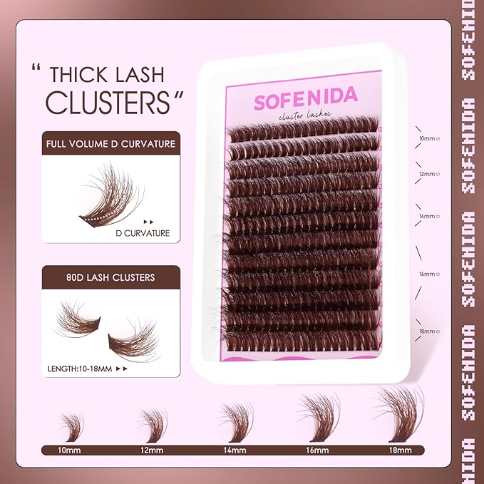 Brown Lash Clusters Dark Brown 80D Individual Cluster Lashes 10-18mm Volume Eyelash Extension Cluster Eyelash Extensions 3D Thick Lash Clusters Wispy Lashes Clusters(Brown 80D-10-18MIX)