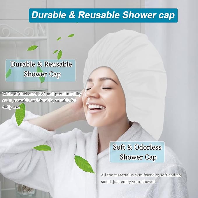 3 Pcs Extra Large Shower Caps for Women, Waterproof Adjustable XL Jumbo Satin Lined Shower Cap for Long Hair & Braids, Reusable Double Layer Large Bath Cap for Dreadlocks, Locs (White)