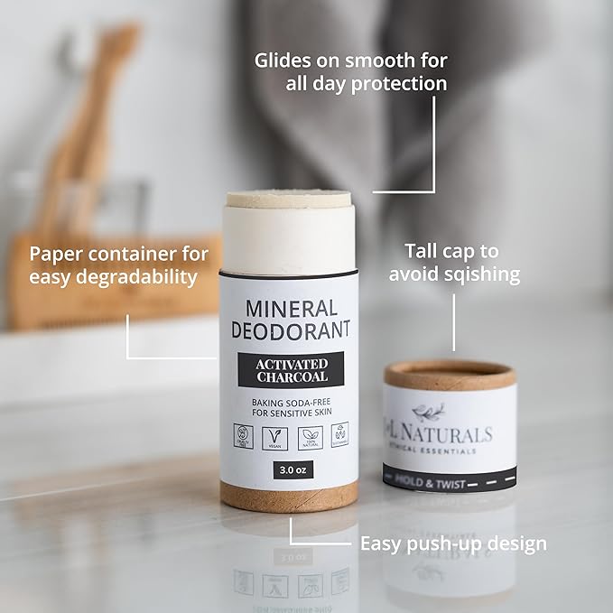 J&L Naturals Mineral Deodorant | Baking Soda-Free, 100% Natural, Sustainable Skin Care | Sensitive Deodorant For Women & Men | Aluminum Free, Vegan, Cruelty-Free (Activated Charcoal, 3 Oz (Pack of 1))