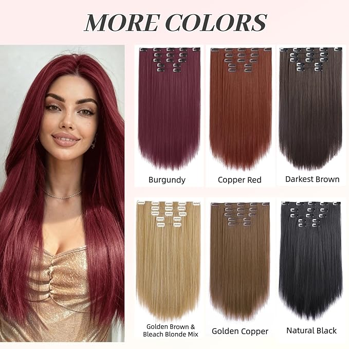 Burgundy Clip in Extensions 18 Inch Long Invisible Thick Synthetic Fake Extension Straight Clips on Hair Pieces 5PCS Soft And Not Easily Knotted Hairpieces for Women Weddings Daily Use 6.5 Oz