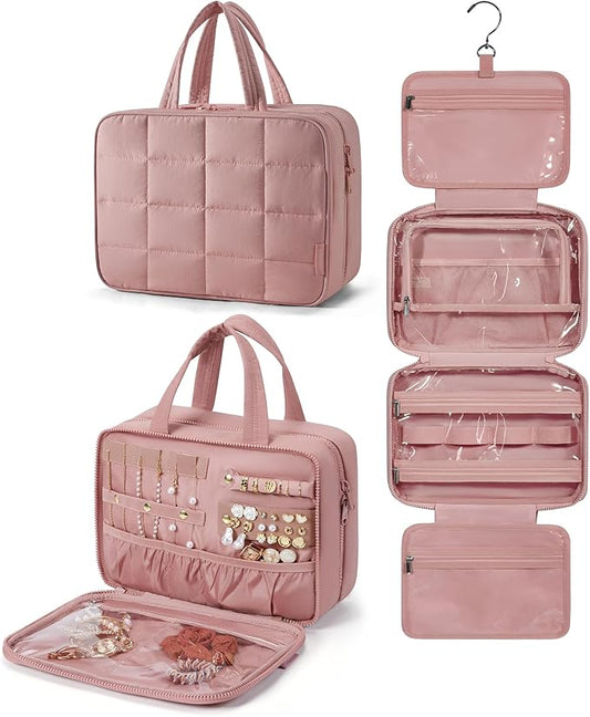 BAGSMART Travel Toiletry Bag with Jewelry Organizer, Hanging Travel Bag for Toiletries, Puffy Makeup Cosmetic Bag Organizer, Carry-on Travel Accessories Essentials, Dark Pink-L