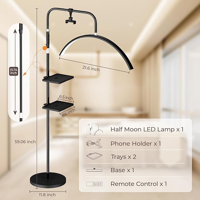 young master Half Moon Lash Light, 24W 1500LM Dimmable LED Floor Lamp with Adjustable Height for Lash Techs, Tattoo & Nail Artists, 4 Color Modes, Phone Holder & 2 Trays Included
