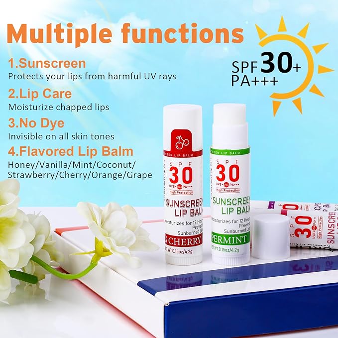 VISRIE SPF 30 Lip Sunscreen, SPF Lip Balm Travel Size 16 Pack, Hydrating Lip Balm Bulk with Vitamin E and Coconut Oil- 8 Flavors