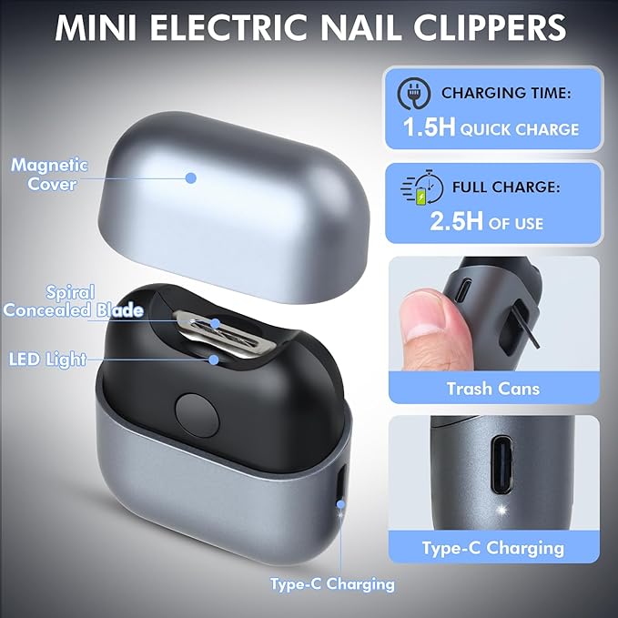 Electric Nail Clipper with Light, Automatic Nail Clipper Rechargeable with 2 Speeds and Nail Chip Storage for Babies, Children, Adults, Caregivers and Seniors