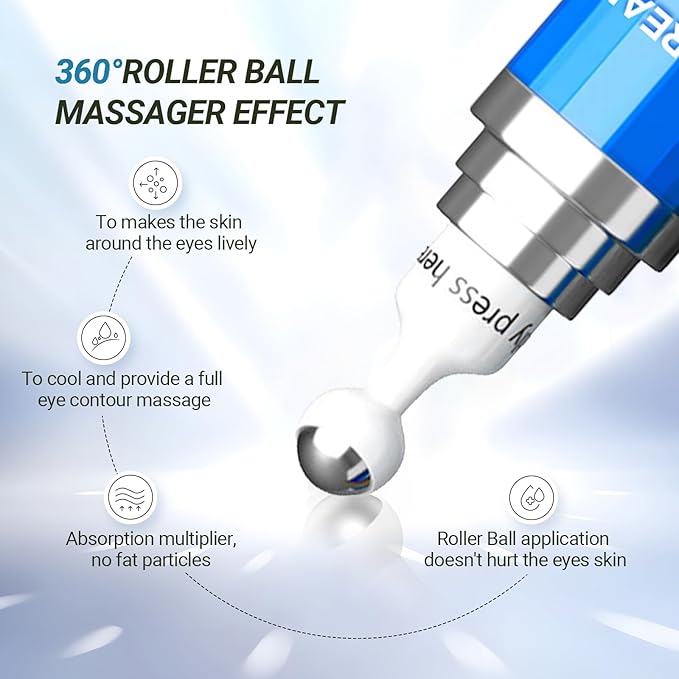 Hicream Eye Cream with 5% Caffeine Hyaluronic Acid for Puffy, Fine Lines, Dark Circles and Wrinkles, Under Eye Serum with 360° Roller Massage Ball, Eyelids Skin Care for Women & Men, 0.5 fl. oz