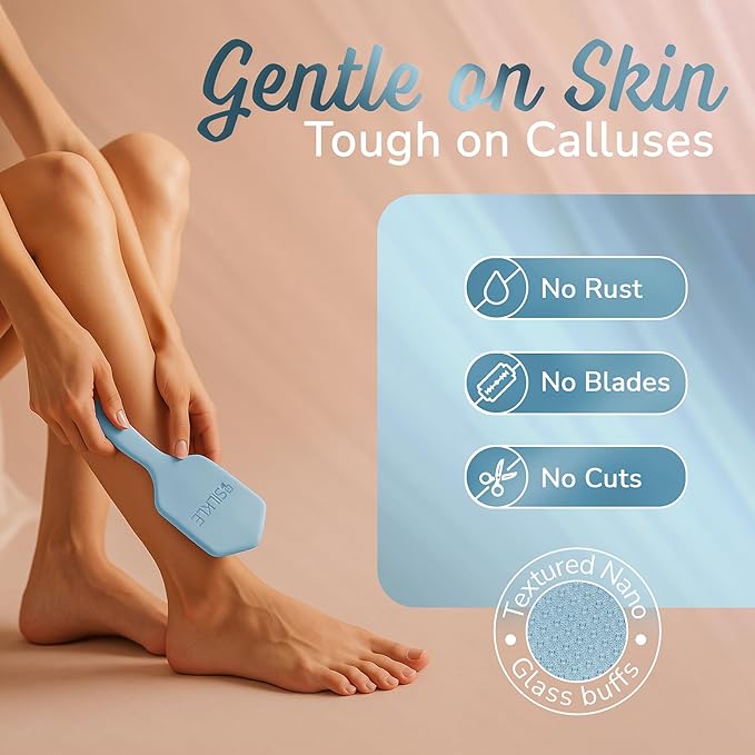 Nano Glass Foot File - Silicone Foot Callus Remover for Feet and Cracked Heels - Heel Scraper for Dead Skin - Ergonomic Foot Scrubber & Exfoliator for Shower with Non-Slip Grip - Blue
