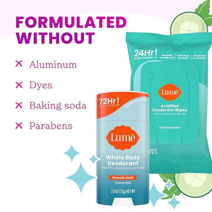 Lume Whole Body Deodorant - Smooth Solid Stick & Flushable Deodorant Wipes - Doctor Developed - Aluminum Free, Baking Soda Free, Skin Loving - 2.6 Ounce (Unscented) 15 Count Wipes (Cool Cucumber)