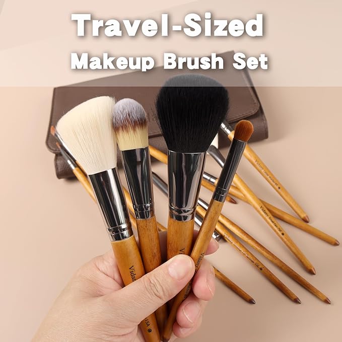 Vidany Makeup Brush Set,15pcs Walnut Wooden Makeup Brushes With Leather Button Bag, Professional Makeup Brushes For Foundation Concealer Kabuki Blush Eyeliner Shadow Brow, Makeup Brush Sets & Kits