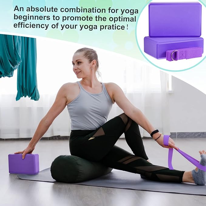 Meooeck 18 Pcs Yoga Block and Strap Set 9 x 6 x 3 Inch EVA Foam Non Slip Brick 8 ft Yoga Straps for Stretching D Ring Design Christmas Fitness Gifts for Women Pilates Workout Exercise
