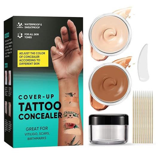 Tattoo Cover Up Makeup, 2 Colors Waterproof & Sweatproof Tattoo Cover Up Makeup, Long Lasting and Invisible Body Makeup Suitable for Vitiligo, Dark Spots, Scars-Natural