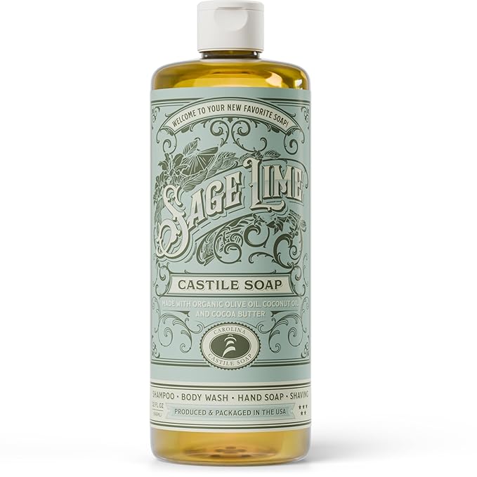 Sage Lime Liquid Castile Soap – Vegan Organic & Body Wash, High Olive Oil Content, Non-Drying Formula, Great for Sensitive Skin by Carolina Castile (Sage Lime, 32 Fl Oz)