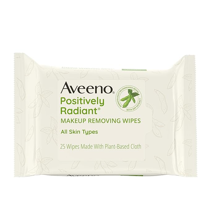 Aveeno Positively Radiant Alcohol Free Makeup Removing Face Wipes, Ultra Soft, Gentle, Non-Comedogenic Facial Cleansing Towelettes Leave Skin Feeling Clean & Soft, Sulfate Free, 25 ct