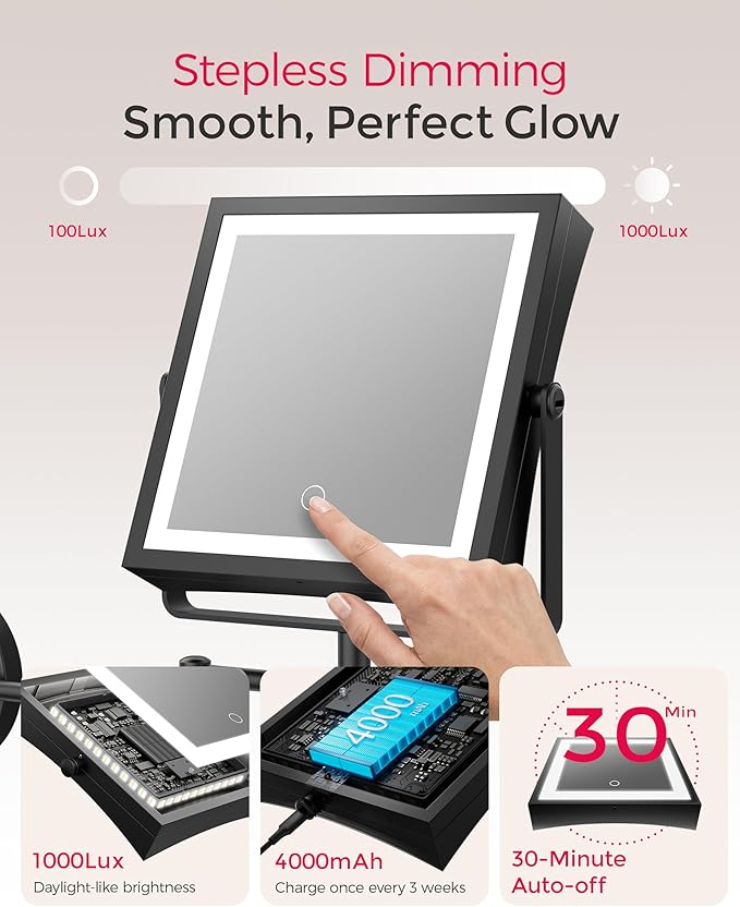 Rechargeable Wall Mounted Makeup Mirror with Lights, 4000mAh Double Sided 1X/10X Magnifying Vanity Mirror with 3 Color Lights, Touch Dimmable, 360° Extension Foldable Arm (Matte Black)