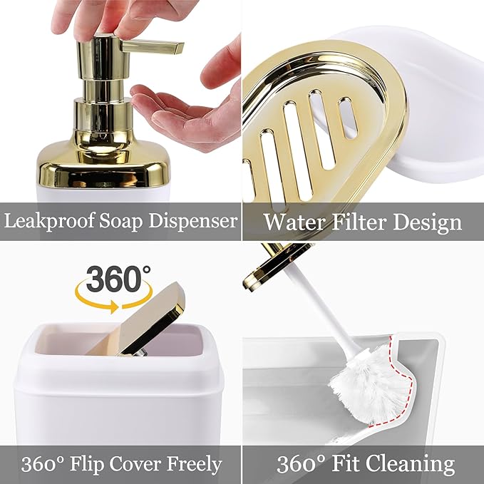 XLHOMO 9Pcs Bathroom Accessories - White Bathroom Accessories Set with Trash Can, Soap Dispenser, Soap Dish, Toothbrush Holder, Toothbrush Cup, Toilet Brush Holder, Qtip Holders and Tray for Home