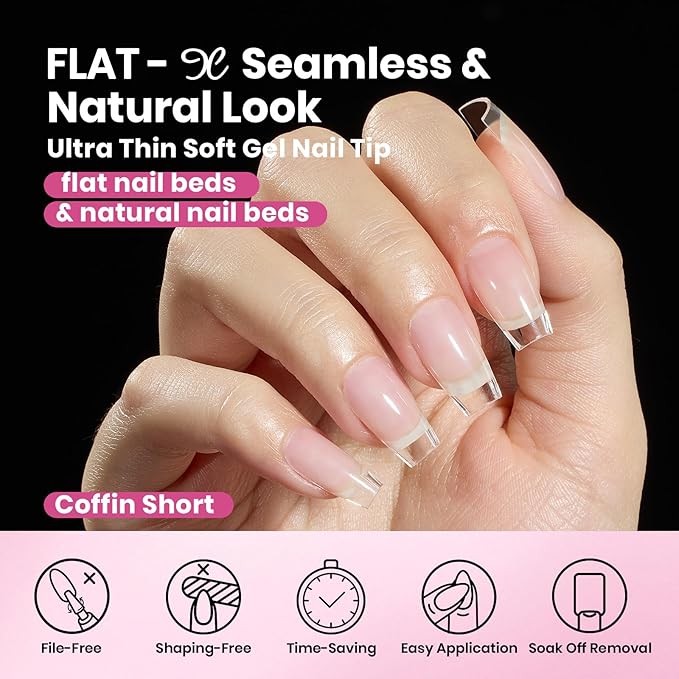 Beetles Gel Nail Tips Flat-X - Coffin Short, 160pcs 16 Sizes, Pre-Etched Half Matte Full Cover Soft Acrylic False Nail Tips Clear Press on Easy DIY Extension Salon for Flat & Natural Nail Beds