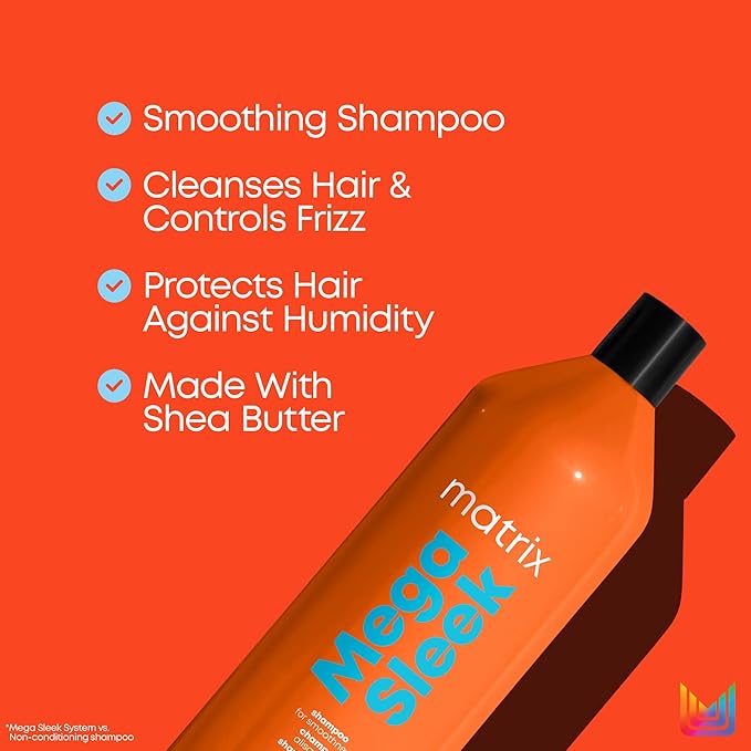 Matrix Mega Sleek Shampoo - Anti-Frizz Moisturizing Shampoo, Smoothing and Detangling, For Dry & Damaged Hair, Salon Professional Formula, With Shea Butter, Vegan, 33.8 Fl Oz