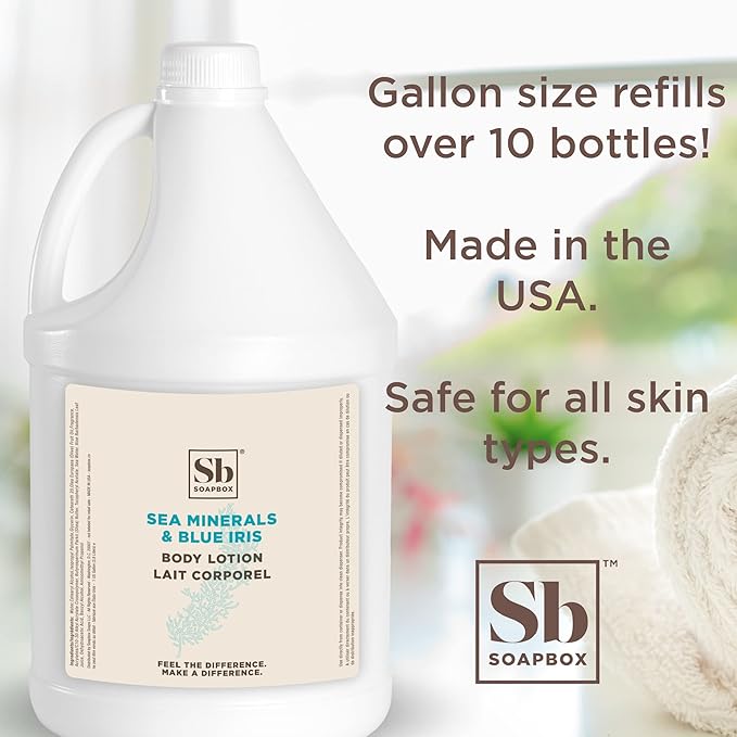 Soapbox Body Lotion, Sea Minerals & Blue Iris Moisturizing Body Cream, Vegan, Natural & Cruelty Free Hydrating Hand Lotion Refill for Dry Skin - Gallon Size for Home & Professional