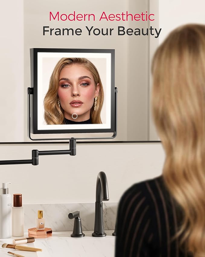 Rechargeable Wall Mounted Makeup Mirror with Lights, 4000mAh Double Sided 1X/10X Magnifying Vanity Mirror with 3 Color Lights, Touch Dimmable, 360° Extension Foldable Arm (Matte Black)