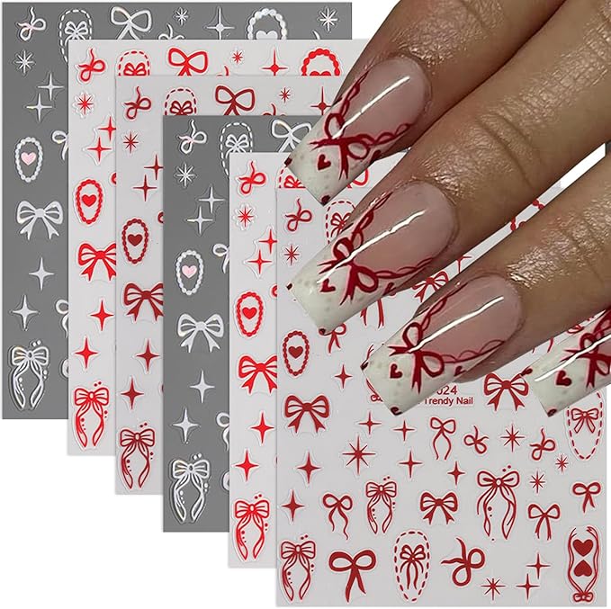 Bow Nail Art Stickers Red White Laser Bow Stars Hearts Nail Design Stickers for Nails Art Valentines Bows Nail Decals Supplies DIY Acrylic Manicure Decoration Accessories for Women 6 Sheets