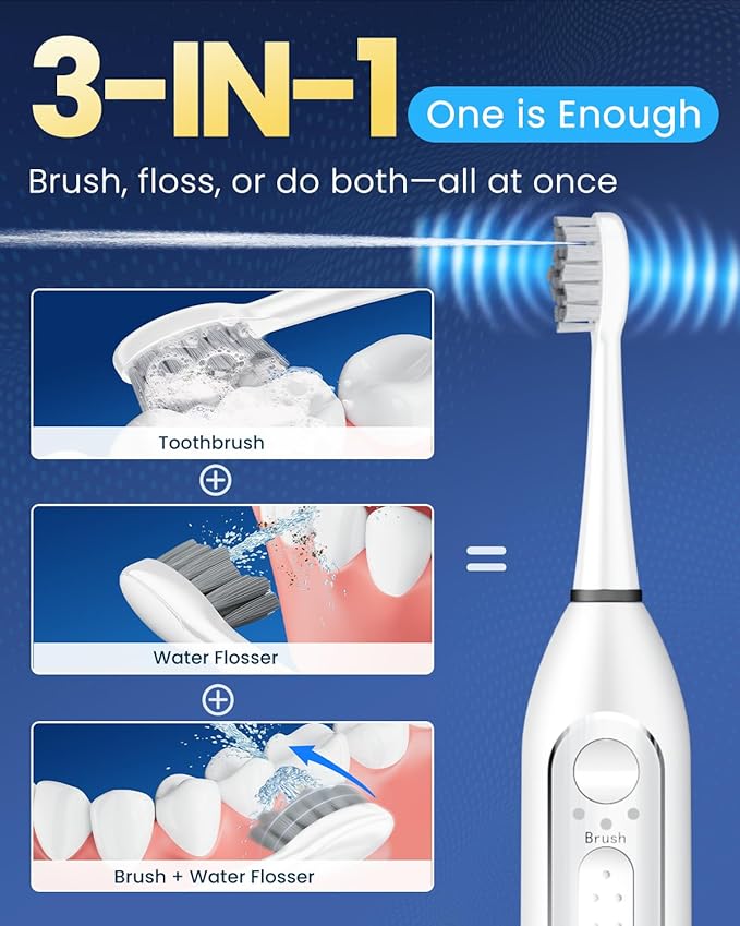 Electric Toothbrush with Water Flosser 3-in-1 Combo, Professional Sonic Toothbrush for Adults, 3 Brush Modes+5 Floss Speeds, Rechargable, 2.0 Flossing Toothbrush for Oral Care, Portable Travel Case