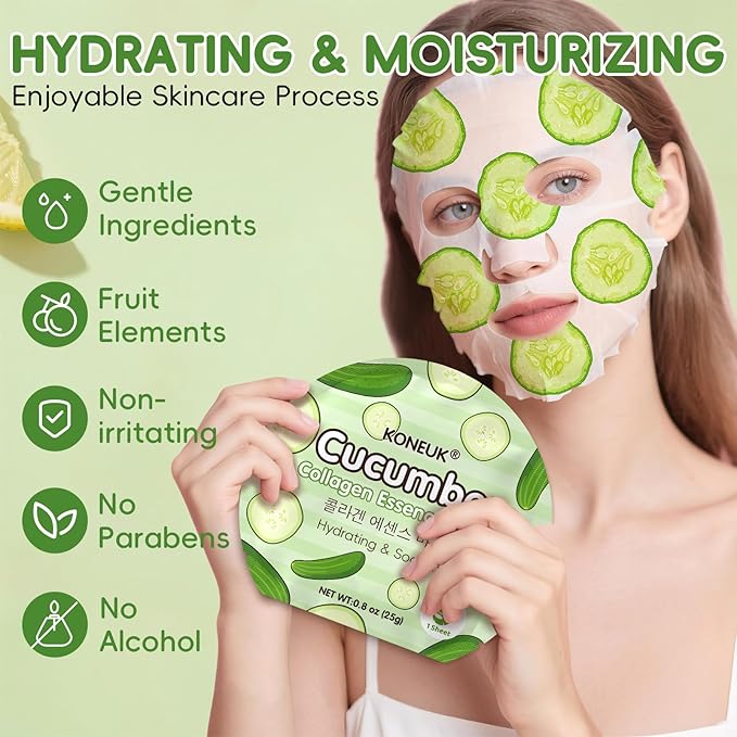 KONEUK 60 Pack Colorful Fruit Face Masks Skincare Set, Bulk Sheet Facial Mask for All Skin Types, Collagen Hydrating Face Mask for Women, Spa Party Gifts and Valentines Day Gifts (6 Types x 10 Pcs)