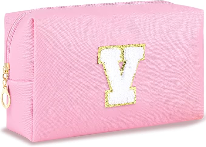 URSKYTOUS Initial Makeup Bag Personalized Preppy Travel Small Cosmetic Bag Cute PU Pink Chenille Letter Makeup Pouch for Purse Waterproof Zippered Toiletry Organizer for Women Girls Kids Friends (V)