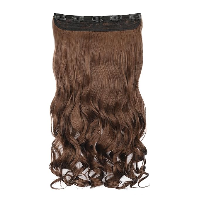 REECHO 16" 1-Pack 3/4 Full Head Curly Wavy Clips in on Synthetic Hair Extensions HE008 Hairpieces for Women 5 Clips 3.9 Oz per Piece - Medium Warm Brown